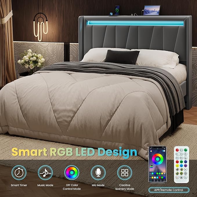 SHA CERLIN Full Size Bed Frame with Charging Station and LED Lights, Modern Velvet Platform Bed with Upholstered Geometric Wingback Headboard, No Box Spring Needed, Easy Assembly, Grey