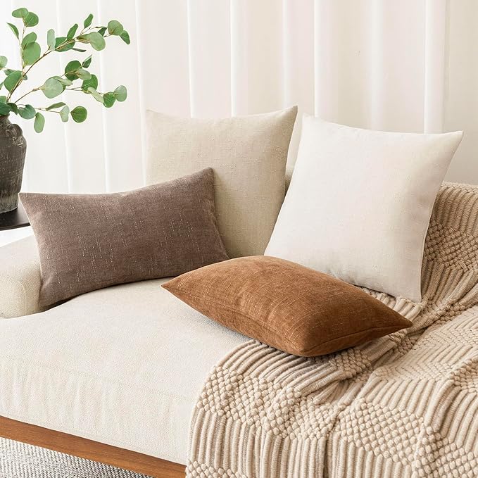 Foindtower Pack of 2 Textured Chenille Throw Decorative Pillow Covers Square Accent Solid Cushion Cover Cozy Neutral Farmhouse Pillow Case for Couch Sofa Bedroom Living Room 16x16 Inch, Ivory White