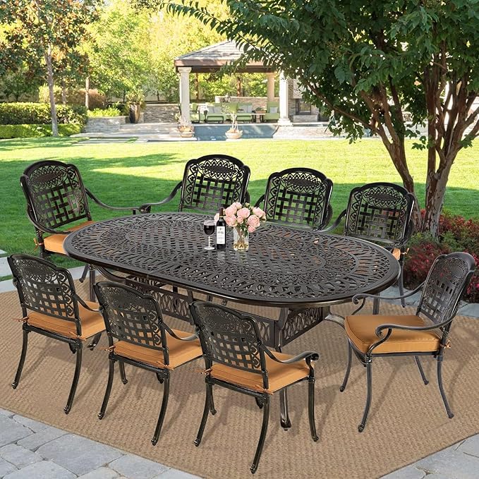 MEETWARM 9-Piece Patio Dining Set, All Weather Cast Aluminum Outdoor Dining Table Set with 1 Oval Table, 8 Chairs, 8 Cushions, 2" Umbrella Hole, Dark Bronze