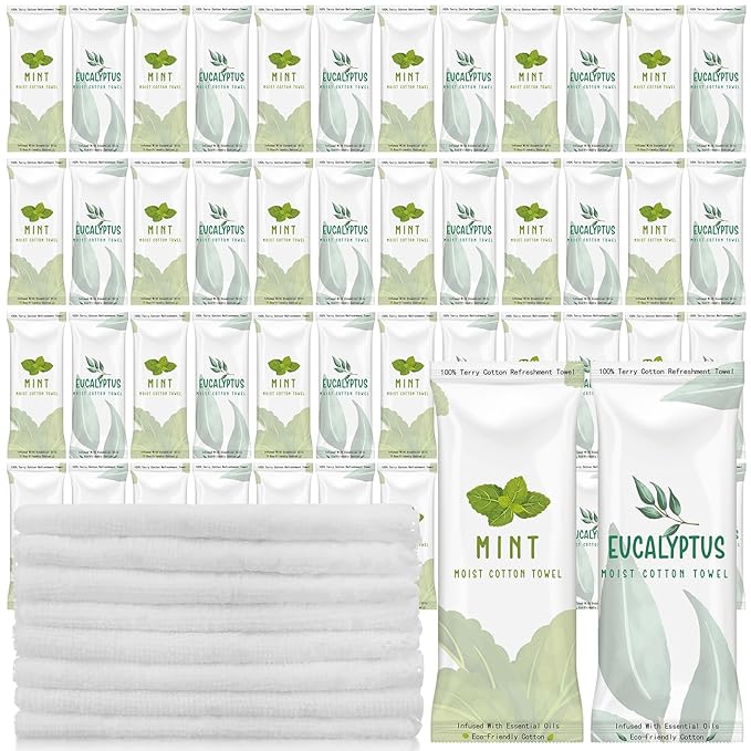 50 Pcs Moist Towelettes Individually Wrapped Scented Disposable Face Towels Essential Oil Infused Moist Terry Cotton Towel for Use Hot or Cold Travel Body Spa (Mint, Eucalyptus Leaves)