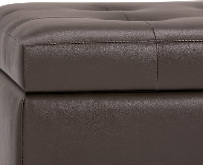 SIMPLIHOME Cosmopolitan Storage Ottoman - 34 inch Wide Upholstered Vegan Leather Rectangle Storage Ottoman Bench in Chocolate Brown, Transitional Tufted Ottoman for Living Room with Lift-Up Lid