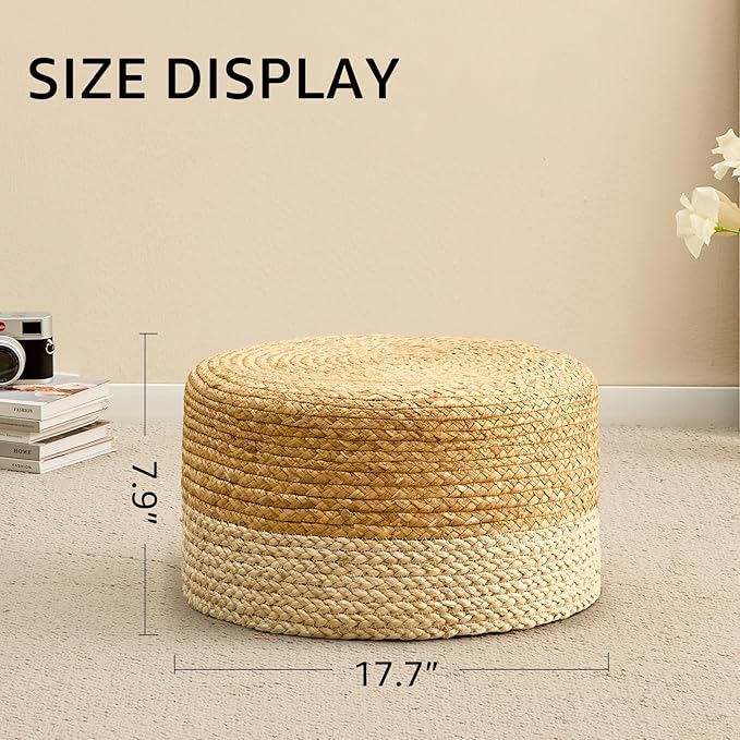 Wimarsbon Round Pouf Ottoman, Natural Hand Knitted Footrest Poof, Rustic Lounge Pouffe, Boho Pous Foot Stool, Accent Table or Seat (Natural Water Hyacinth + White Corn Husk, 17.7 * 17.7 * 9.84)