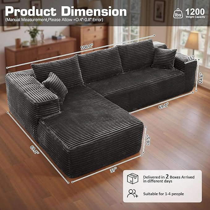106" Cloud Sectional Couch with Chaise Lounge,L Shaped Modular Modern Sofa,Comfy Corduroy Fluffy Sofa with Deep Seat,No Assembly Required Couch for Living Room(Left,Plush Corduroy,Gray)