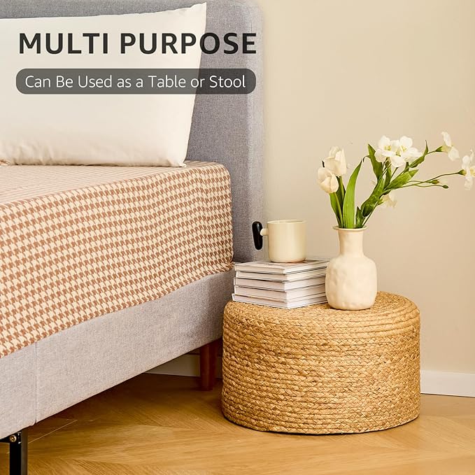Wimarsbon Round Pouf Ottoman, Natural Hand Knitted Footrest Poof, Rustic Lounge Pouffe, Boho Pous Foot Stool, Accent Table or Seat (Natural Water Hyacinth, 17.7 * 17.7 * 9.84)