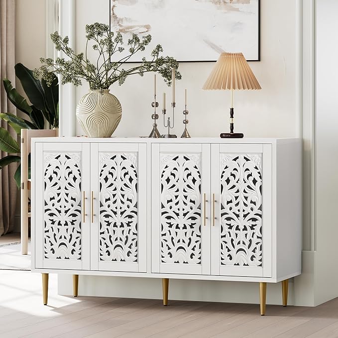 ARTPOWER 47.8" Accent Cabinet with 4 Doors, Vintage Hollow Carving Buffet Cabinet, Sideboards and Buffets with Storage, Credenza for Living Room, Kitchen, Dining Room, Entryway, Hallway, White