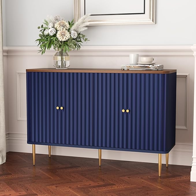 HLR Sideboard Buffet Cabinet, 48" Modern Accent Cabinet with 4 Door and Removable Shelves, Credenza with Storage for Living Room, Dinning Room, Entryway, Blue