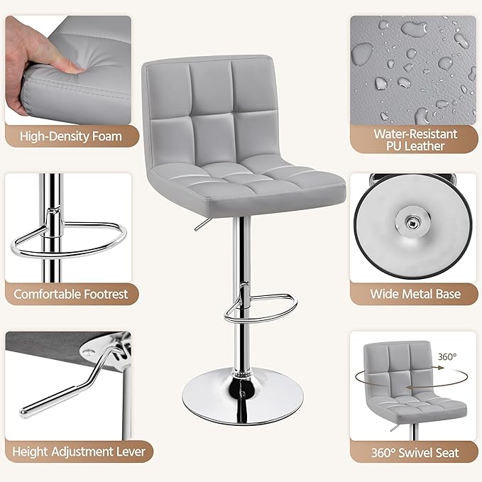 Yaheetech Bar Stools Set of 3, Adjustable PU Leather Swivel Barstools, Modern Counter Stools with Back and Footrest, Counter Height Barstools for Bar, Kitchen, Dining Room, Light Grey