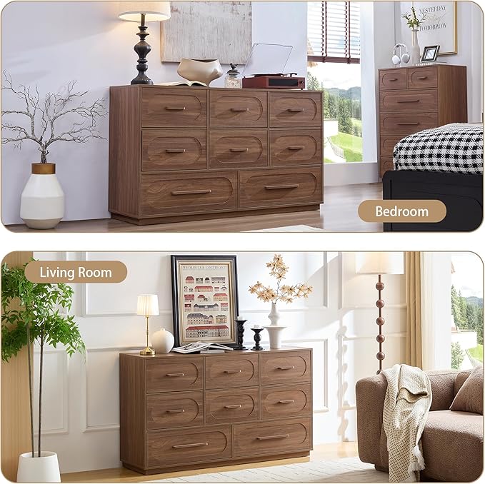 Modern 8 Drawer Dresser for Bedroom, 54" Wide Dressers & Chest of Drawers w/Solid Wood Handle, Wood Mid Century Closet Organizers and Storage Cabinet for Bedroom, Living Room, Hallway, Walnut