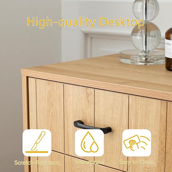 55" Executive Desk, Modern Wood Office Table with Charging Station, 5 File Drawer & 1 Storage Cabinet, Home Computer Writing Desk for Work Study, Living Room, Bedroom (Natural Oak)
