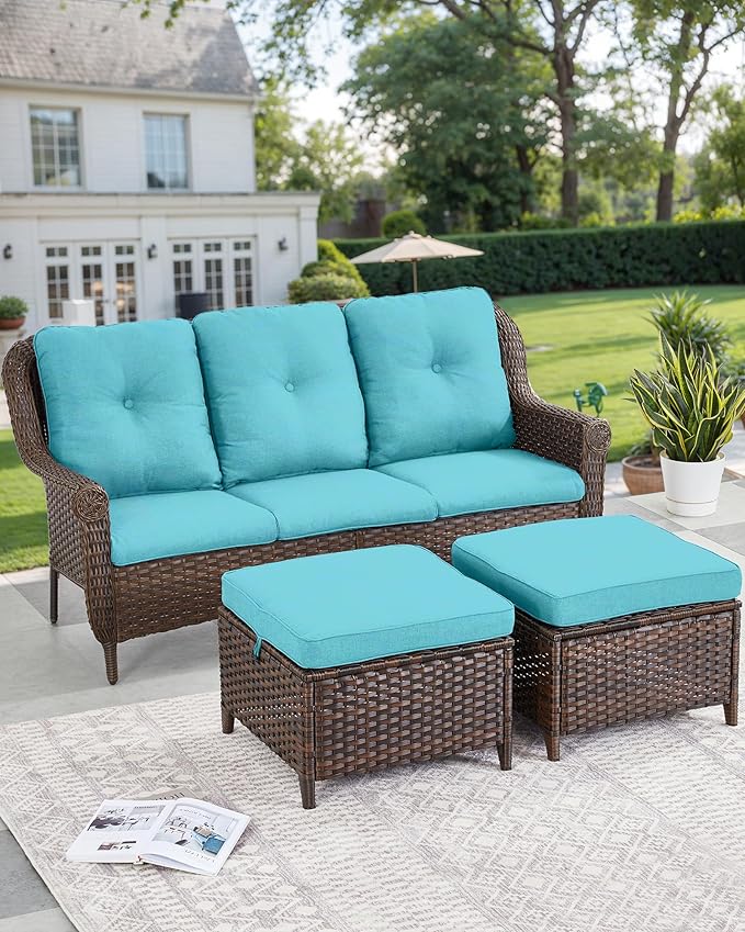 Patio Sofa Outdoor Wicker Couch - Heavy Duty All-Weather Brown Rattan 3-Seater with High Back and Comfortable Thick Cushions for Garden Back Porch Poolside Apartment - Turqoise