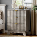 Fluted Nightstand with Charging Station, 24" Wide Bedside Table with 3 Large Storage Drawers, Modern Wood Side Table Night Stand, End Table Small Dresser for Bedroom, Living Room, Dorm, Grey