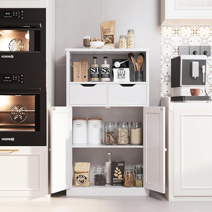 Shintenchi Floor Storage Cabinet, Bathroom Organizer with Doors and Drawers, Freestanding Side Cupboard Pantry with Adjustable Shelf, White