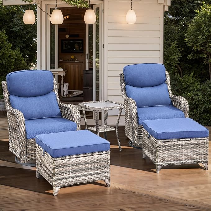 7-Piece Outdoor Wicker Patio Furniture Set with Swivel Glider Chairs, 3-Seat Sofa, Coffee Table & Ottomans 5” Olefin Cushions Ergonomic Neck-Lumbar Backrest All-Weather Rattan for Garden, Deck, Porch