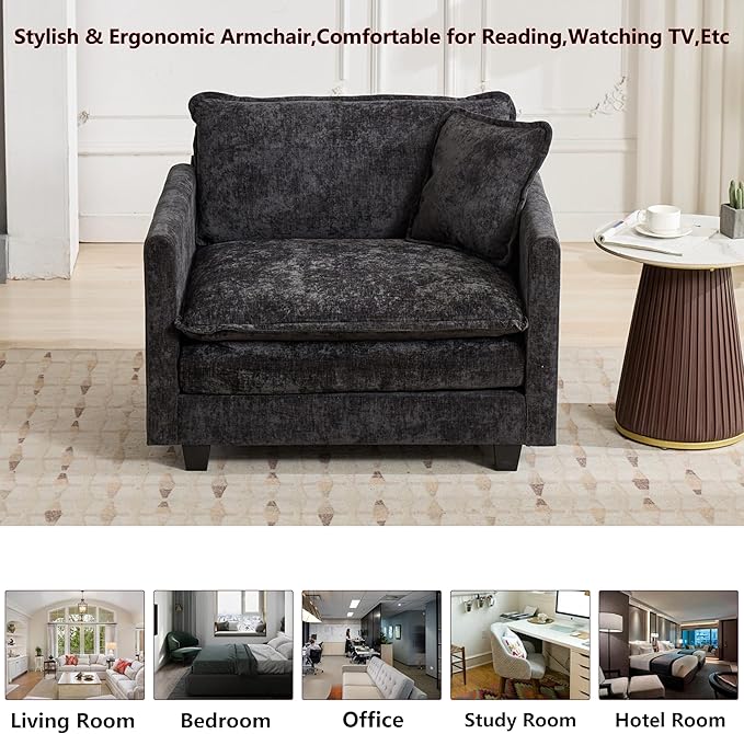 Aoowow Chenille Upholstered Accent Chair Oversized,Fluffy Single Cloud Sofa Chairs with Deep Seat,Modern Large Reading Arm Chair with Throw Pillow for Living Room,Bedroom (Black, Single Sofa Chair)