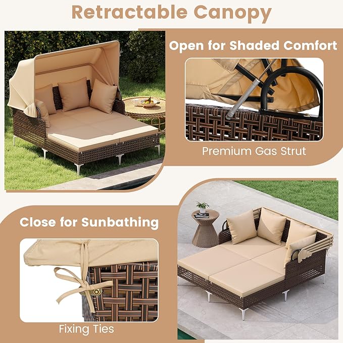 HAPPYGRILL Outdoor Daybed with Retractable Canopy, PE Wicker Rattan Patio Double Chaise Lounger with Cushions, Outside Sunbed Furniture for Garden, Poolside and Backyard (Beige)