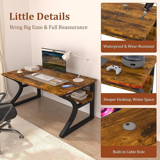 StarGraph Computer Desk 55'' Large Home Office Desk with Sturdy Metal Frame U Shaped Modern Computer Desks with Storage Study Writing Office Work from Home Desks (Rustic Brown, 55 inch)
