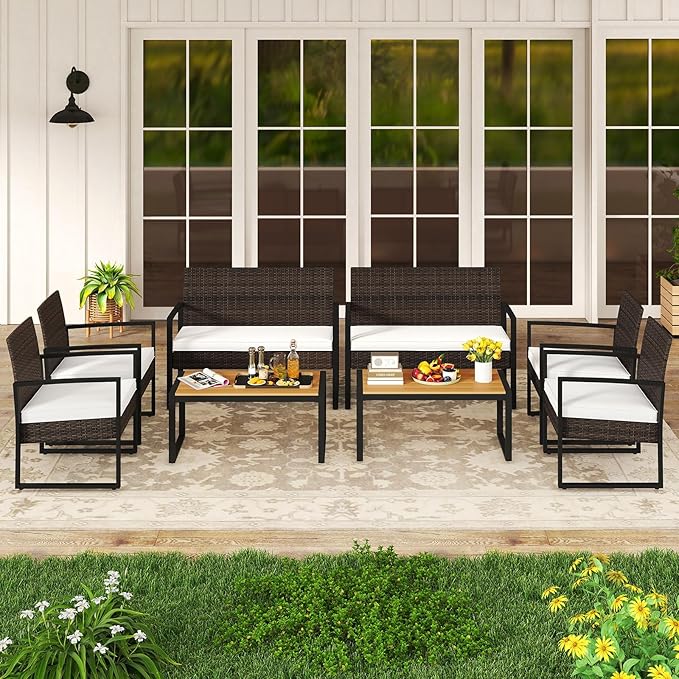 Tangkula 8 Pieces Patio Furniture Set, Outdoor Rattan Conversation Set w/Cushioned Chairs & Wood Plastic Coffee Table, Wicker Sectional Seating Furniture for Backyard, Poolside, Porch (Off White,2)