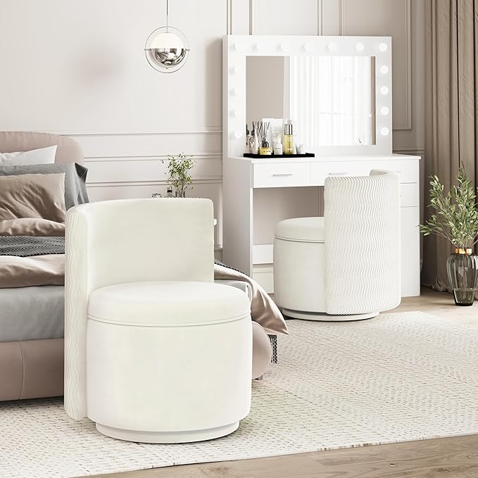 360° Swivel Accent Chair with Storage, Vanity Stool with Back, Velvet Storage Ottoman, Upholstered Round Barrel Vanity Chair for Living Room, Makeup Room, Bedroom (White High-Back)