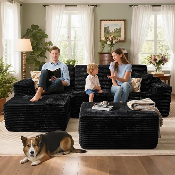 106" Cloud Sectional Couch with L-Shape Chaise & Ottoman, No Assembly Modular Sofa, Deep Seat Plush Corduroy Boneless Couched for Living Room (Black Plush Corduroy, Left Facing Chaise with Ottoman)