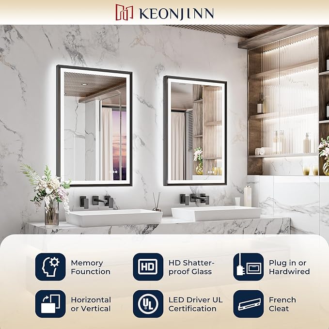Keonjinn Black LED Mirror for Bathroom 40 x 32 Inch with Frontlit & Backlit, Metal Frame Mirror with Stepless 3-Color Lights, Antifog Dimmable, UL-Listed Driver,Tempered Glass(Horizontal/Vertical)