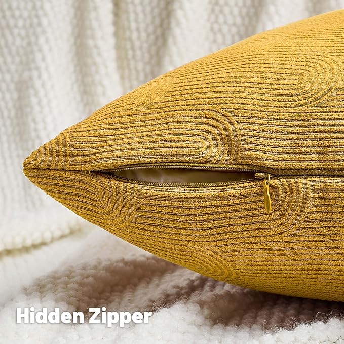 FUTEI Mustard Yellow Chenille Decorative Throw Pillow Covers 16x16 Inch Set of 2,Soft Cozy Striped Geometric Patterns Cushion Cases,Modern Home Decor for Couch Bed Living Room
