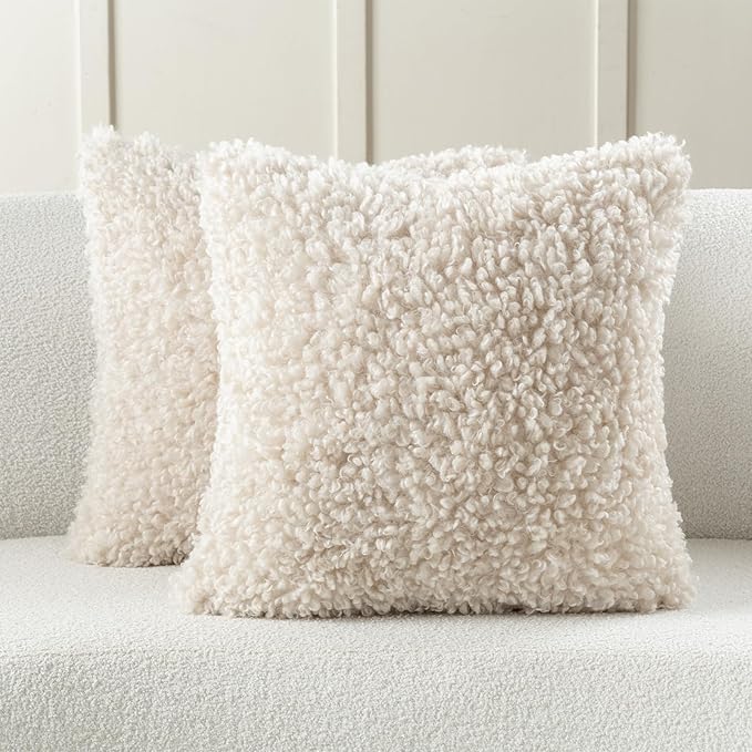 FUTEI Beige Decorative Throw Pillow Covers 20x20 Inch Set of 2,Soft Fluffy Faux Wool Fur Boucle Textured Cushion Case,Modern Home Decor for Couch Bed Living Room Office