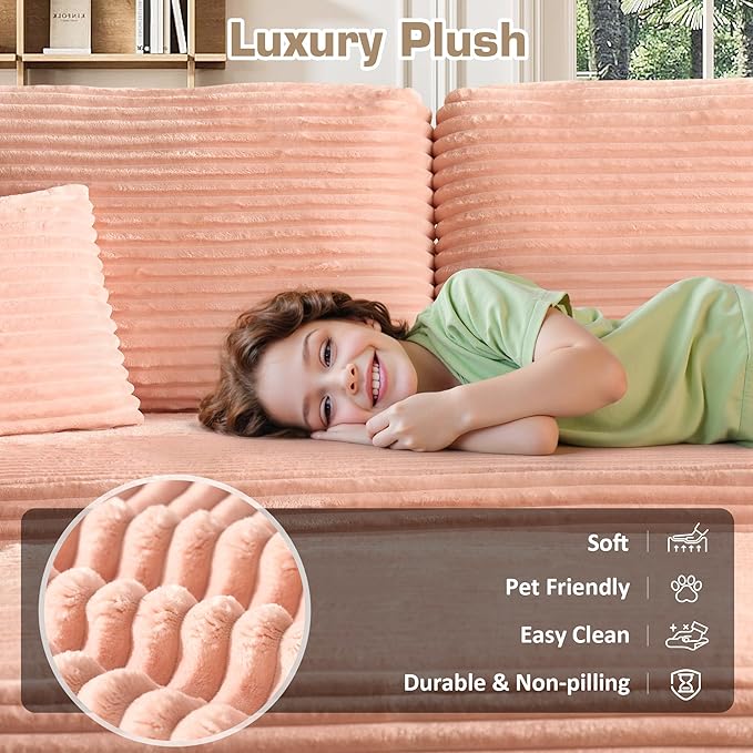 106" Cloud Sectional Couch with L-Shape Chaise & Ottoman, No Assembly Modular Sofa, Deep Seat Plush Corduroy Boneless Couched for Living Room (Pink Plush Corduroy, Right Facing Chaise with Ottoman)