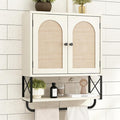 RUSTOWN Rattan Bathroom Wall Cabinet, Boho Over The Toilet Storage Cabinet with Arched Rattan Doors, Modern Medicine Cabinet with Adjustable Shelves & Towel Bar (Vintage White, Medium)