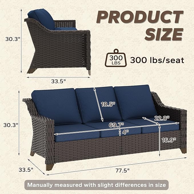 77'' Patio Sofa, All Weather Outdoor Rattan Wicker 3-Seat Sofa High Back Couch with Premium Cushions for Garden Backyard Porch(Brown/Navy)