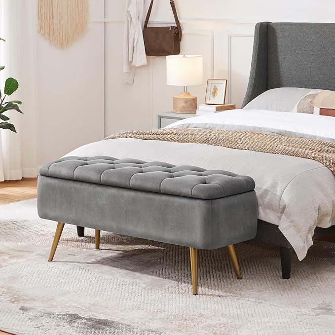 Yaheetech Ottoman with Storage, Velvet Entryway Bench with Safety Hinge, Upholstered Bench with Seating for Bedroom, Living Room, Holds up to 519 lb, Gray