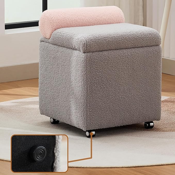 Boucle Vanity Chair with Storage, Swivel Makeup Vanity Chair with Wheels & Safety Hinge, Upholstered Vanity Stool Ottoman for Bedroom, Dressing Room, Grey