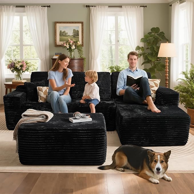 106" Cloud Sectional Couch with L-Shape Chaise & Ottoman, No Assembly Modular Sofa, Deep Seat Plush Corduroy Boneless Couched for Living Room (Black Plush Corduroy, Right Facing Chaise with Ottoman)