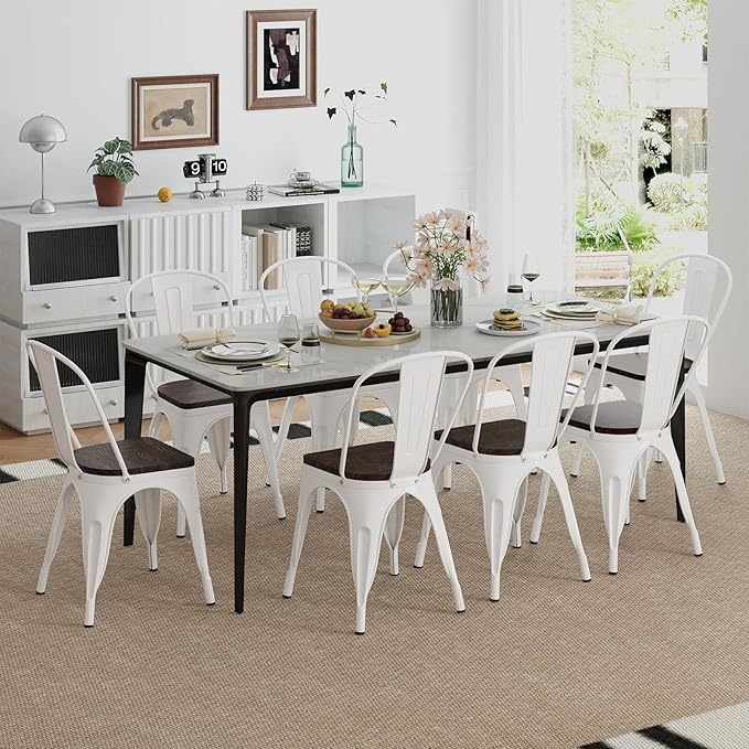 COSTWAY 18 Inch Dining Chair Set of 4, Industrial Vintage Stackable Metal Chairs, Counter Bar Chairs with High Backrest, Wood Seat, for Home, Kitchen and Cafe Bar Use