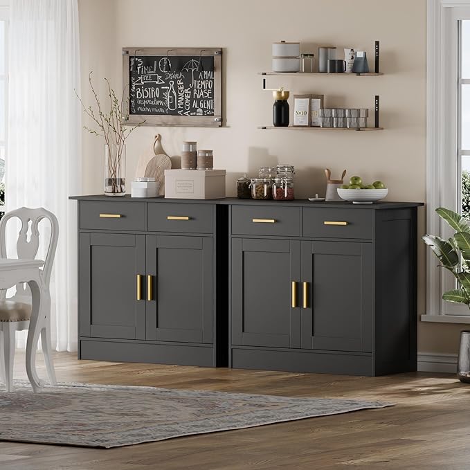 Buffet Cabinet with Storage - Buffets & Sideboards Kitchen Storage Cabinet, Wood Console Table Coffee Bar Accent Cabinets for Living Room Dining Room Entryway Small 2 Doors & Drawers, Black 35.4"W