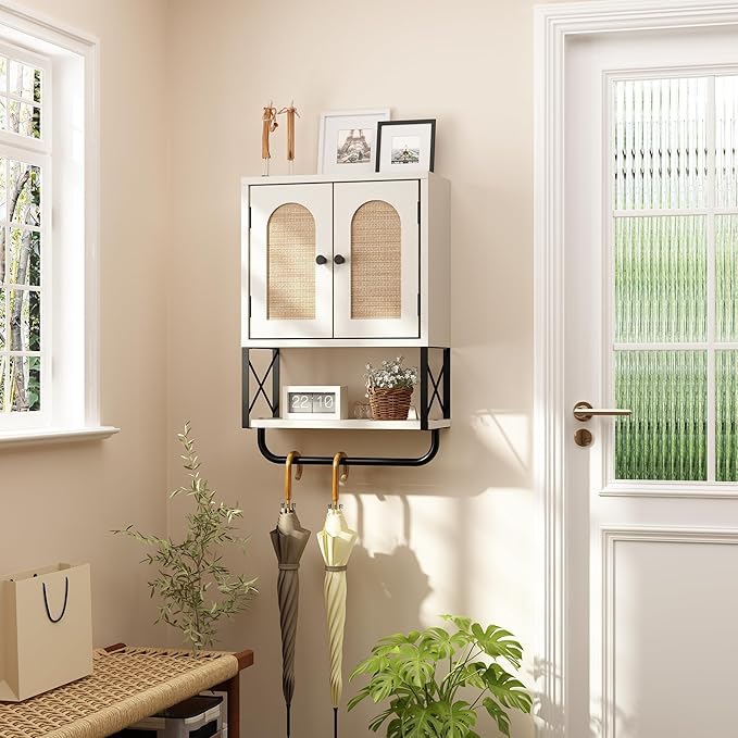RUSTOWN Rattan Bathroom Wall Cabinet, Boho Over The Toilet Storage Cabinet with Arched Rattan Doors, Modern Medicine Cabinet with Adjustable Shelves & Towel Bar(Vintage White,Small)