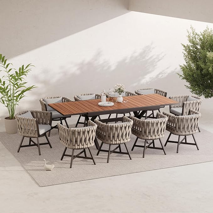 Grand patio 11-Piece Outdoor Dining Set for 10, Patio Dining Furniture Set for 10 Swivel Rope Wicker Chairs & 1 Extendable Rectangular Dining Table, Light Gray Brown