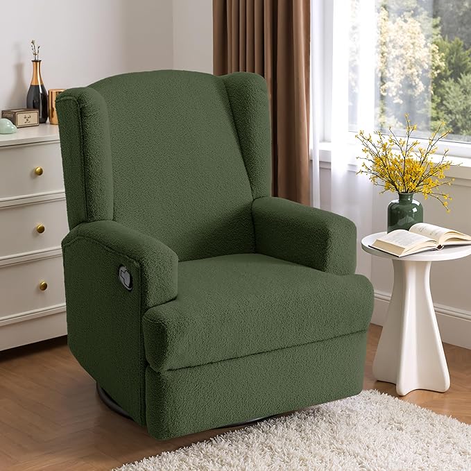 Boucle Swivel Glider Recliner Chair for Adults - Plush High Back Rocker with Deep Seat, Manual Reclining Upholstered Armchair for Living Room or Nursery, Textured Fabric Accent Chair-Green