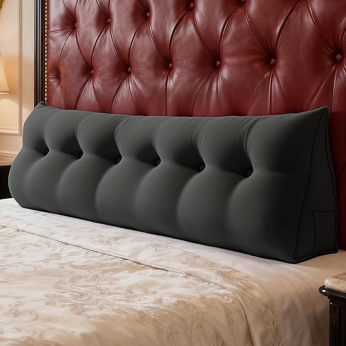 WOWMAX 85% Linen 15% Cotton Blend Headboard Pillow – California King Size Reading Wedge Backrest for Bed, Handmade Firm Support Bolster Cushion with Removable Cover, Premium Bed Rest Pillow, Black