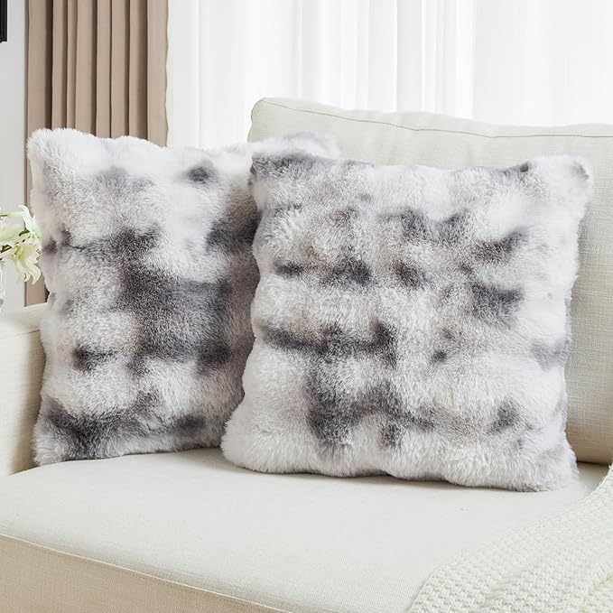 FUTEI Grey White Decorative Throw Pillow Covers 20x20 Inch Set of 2,Soft Fuzzy Faux Rabbit Fur Cushion Covers with Raised Texture,Neutral Boho Home Decor for Couch Bed Living Room
