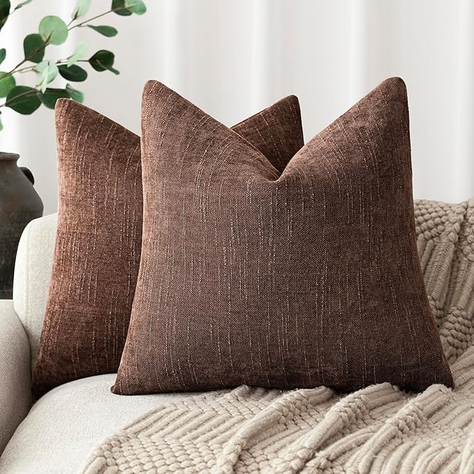Foindtower Pack of 2 Soft Textured Chenille Throw Decorative Pillow Covers Square Accent Solid Cushion Cover Cozy Neutral Farmhouse Pillow Case for Couch Sofa Bedroom Living Room 16x16 Inch,Red Brown