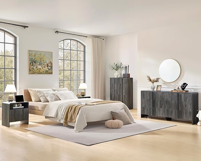 AMERLIFE 63" Fluted 6 Drawer Dresser, Long Modern Chest of Storage Drawers with Pine Handles, Rounded Corners & Anti-Tip Design, Wood Closet Organizer for Bedroom, Living Room, Nursery, Black