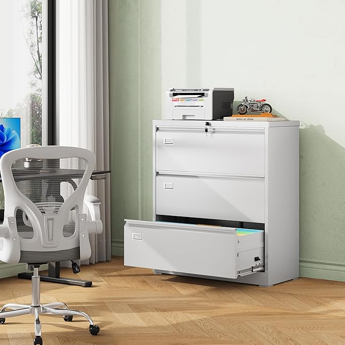 DEVAISE 3 Drawer Lateral File Cabinet with Lock, Metal Filing Cabinets for Home Office, 16" D x 35" W x 40.5" H Wide Storage Organization for Hanging Files Letter/A4/Legal/F4 Size, White