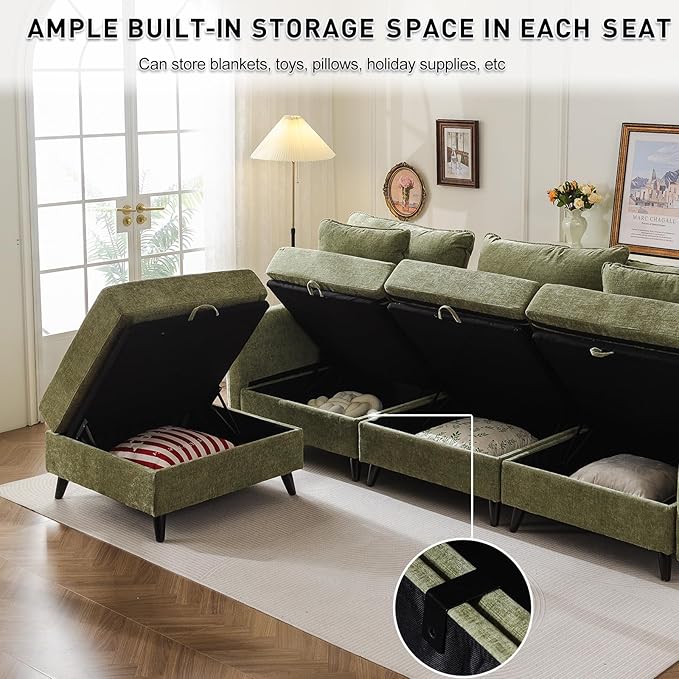 104'' Modular Sectional Sofa with All Seats Storage, Oversized L Shaped Couch for Living Room,3-Seater Comfy Cloud Couches with Movable Ottoman,Big Sectional for Bedroom,Velet,Green