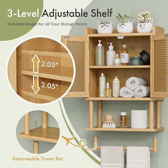 AmazerBath Bathroom Wall Cabinets, Bamboo Medicine Cabinet with Rattan Door, Over The Toilet Storage Cabinet with Towel Bar, Wall Mounted Cabinet with Adjustable Shelves for Small Spaces