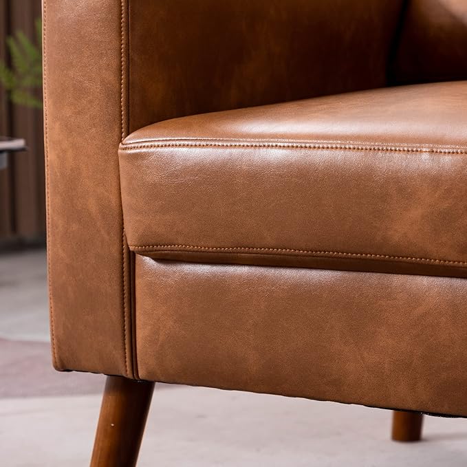 PU Accent Arm Chair with Tufted Back, Faux Leather Comfy Upholstered Single Sofa, Mid Century Modern Side Club Chair with Wood Legs for Reading/Living Room/Bedroom, Caramel