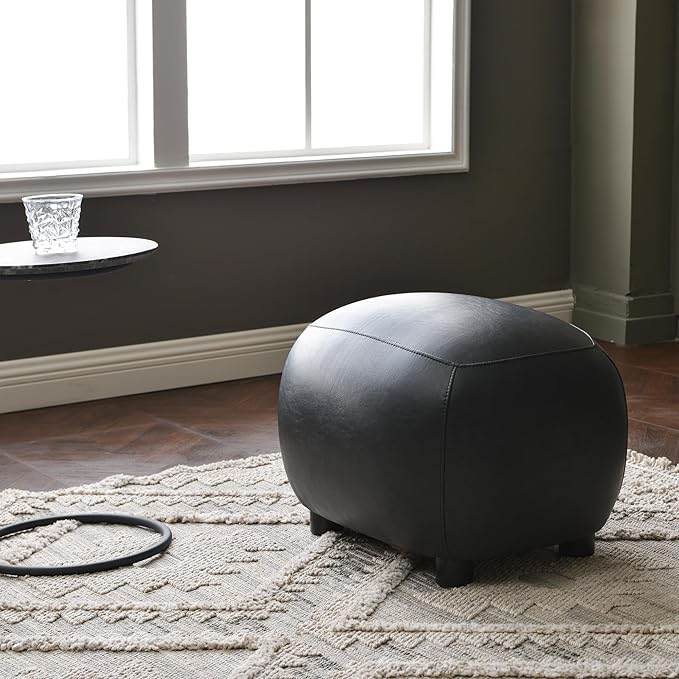 KINWELL 23" Wide Faux Leather Upholstered Ottoman, Mid-Century Modern Living Room Footrest with Soft Padded Seat, Footstool for Bedroom, Entryway or Living Room, Black