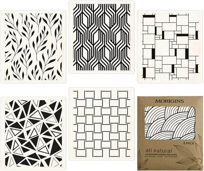 Morigins Swedish Dishcloths for Kitchen 6 Pack Black Minimalist Cellulose Sponge Cloths Non Scratch Reusable Paper Towels No Odor, Biodegradable and Reusable Kitchen Dish Rags (Minimalist)