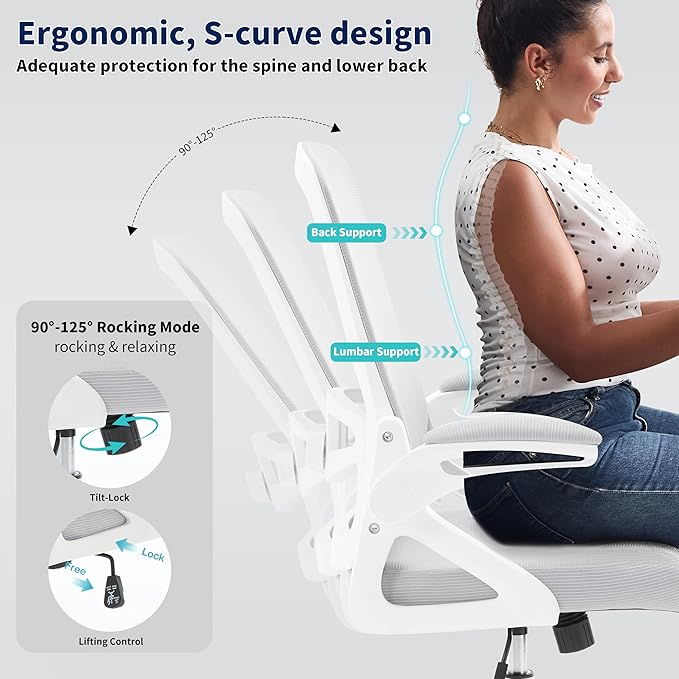 Ergonomic Office Chair, Desk Chair with Adjustable Lumbar Support, Breathable Mesh Comfy Computer Chairs with Flip-up Armrests Executive Task Chair for Adults Home Office(Gray)