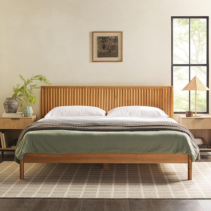 Walker Edison King Modern Reeded Headboard Solid Wood Bed, King Size, Blonde