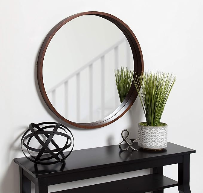 Kate and Laurel Hutton Round Decorative Wood Frame Wall Mirror, 30 Inch Diameter, Walnut